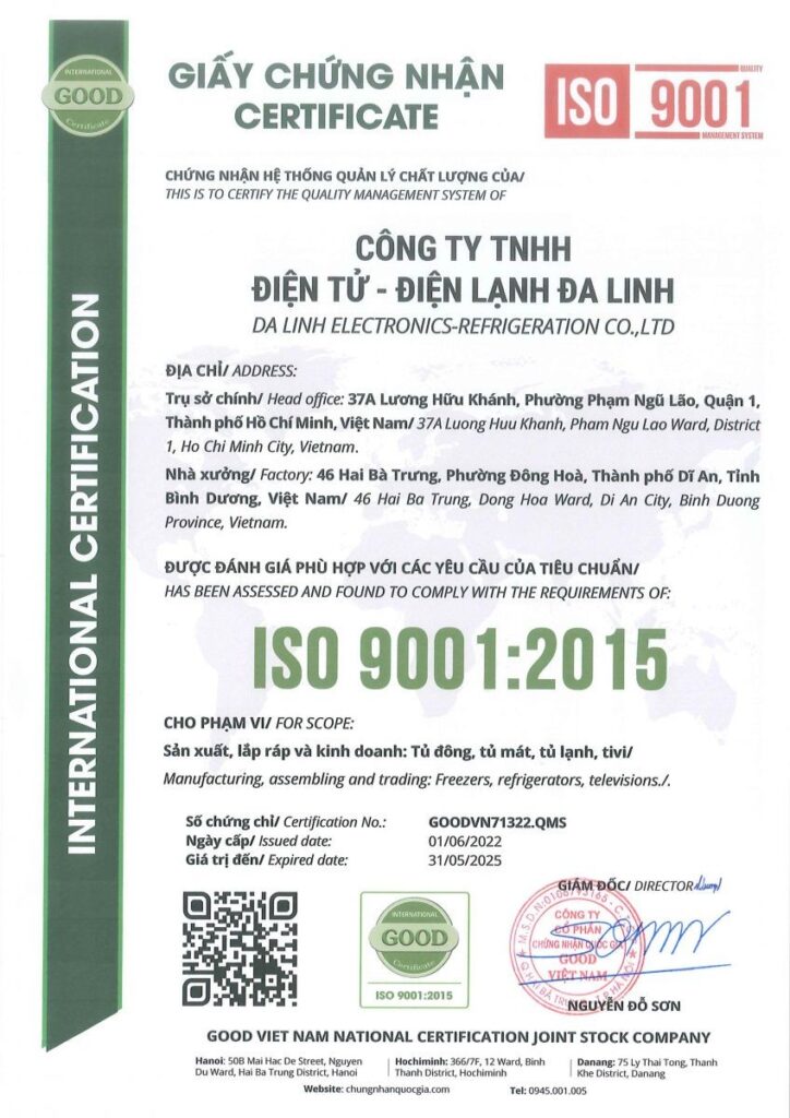 Tủ đông Darling chứng nhận ISO-9001 tại Việt Nam